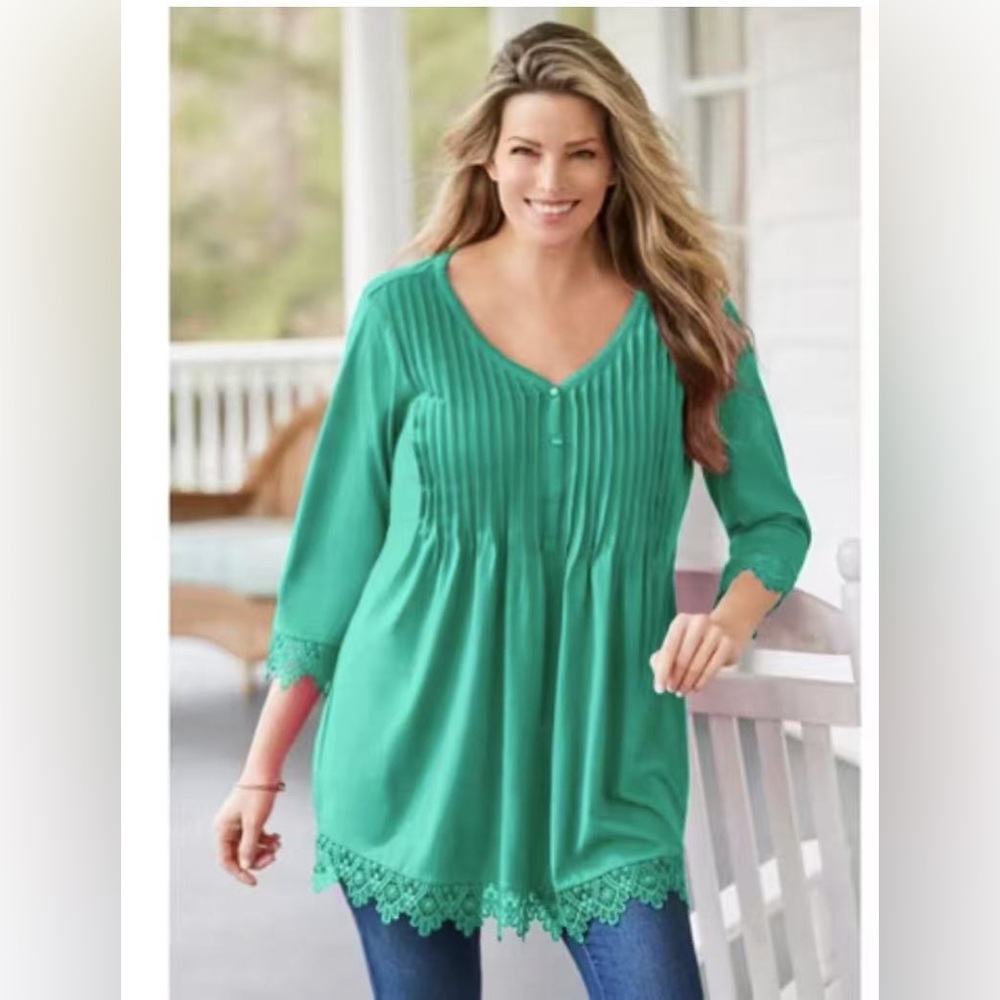 Woman Within Women's 3X Plus Size Pintuck Henley Crochet Trim Tunic green color‎